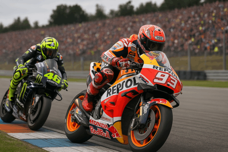 Marc Márquez and Valentino Rossi racing side by side at MotoGP Brno, with Márquez leading on his Repsol Honda and Rossi close behind on his Yamaha, in front of a packed grandstand