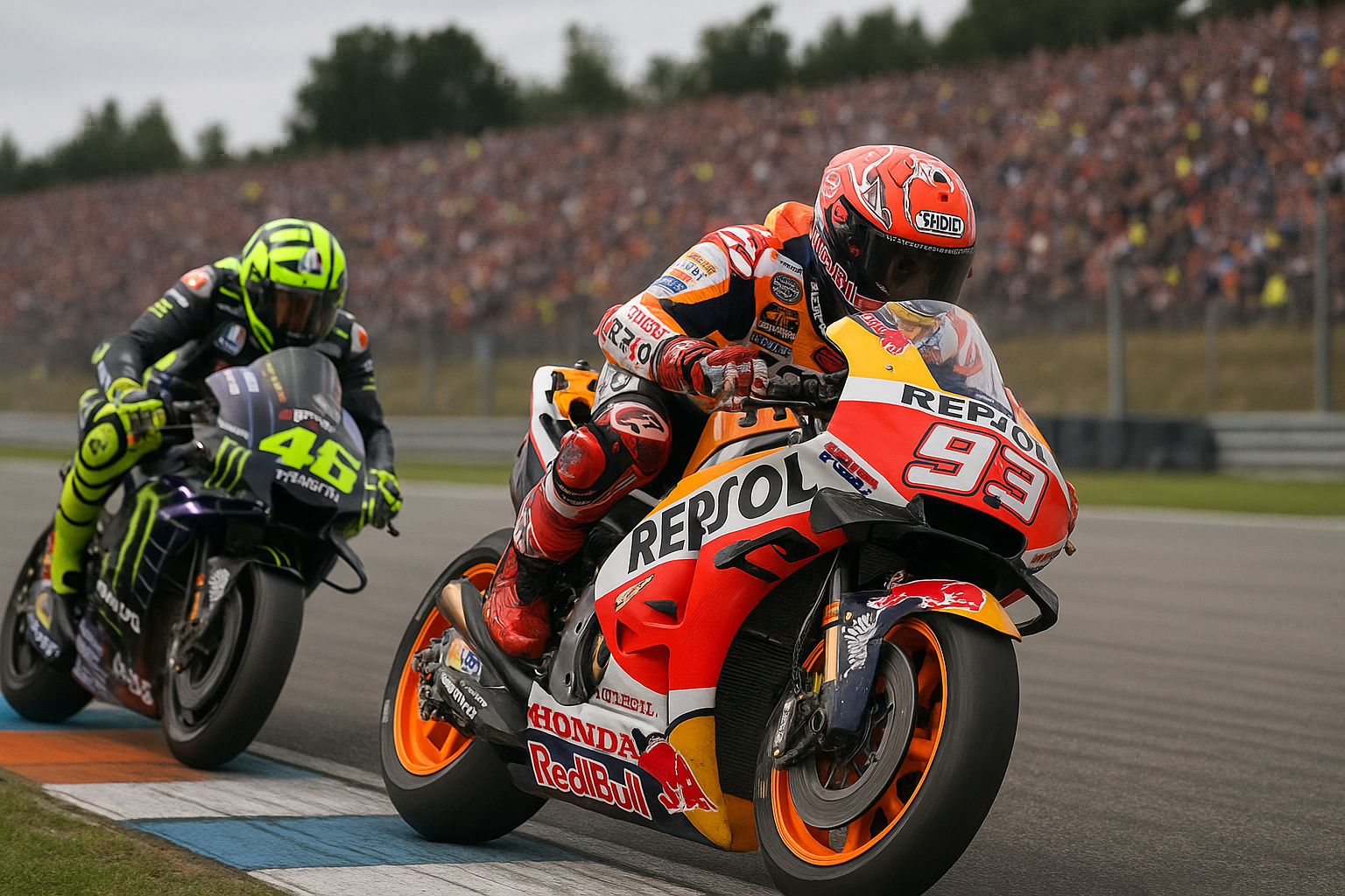 Marc Márquez and Valentino Rossi racing side by side at MotoGP Brno, with Márquez leading on his Repsol Honda and Rossi close behind on his Yamaha, in front of a packed grandstand