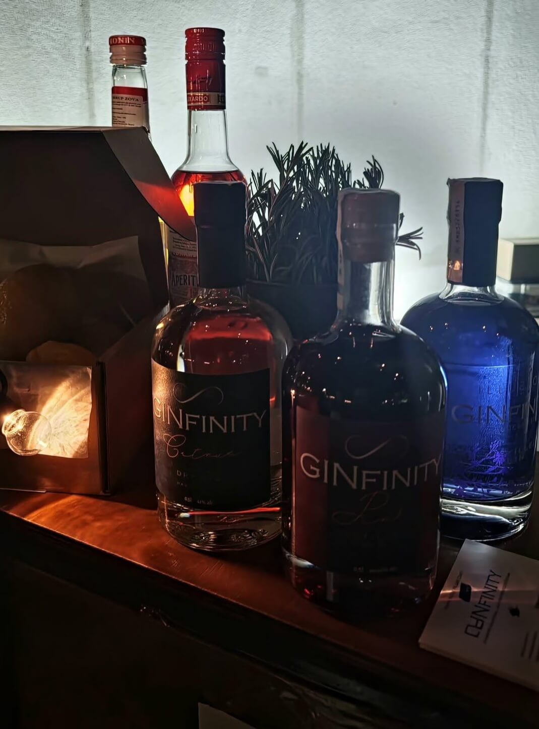 Bottles of colorful GinFinity craft gins from Serbia.