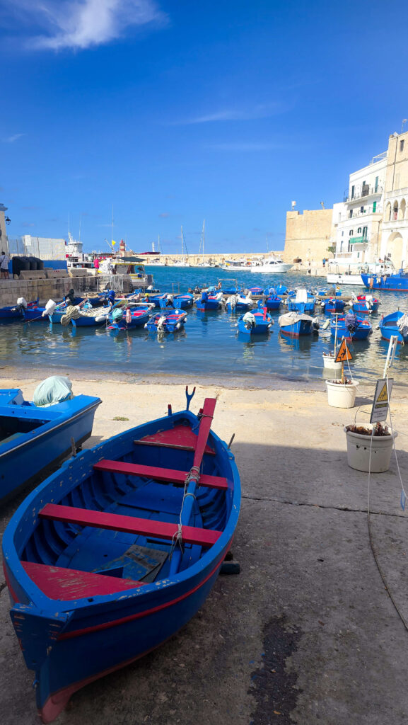 Traditional blue fishing boats in Monopoli's historic harbor, Puglia.
