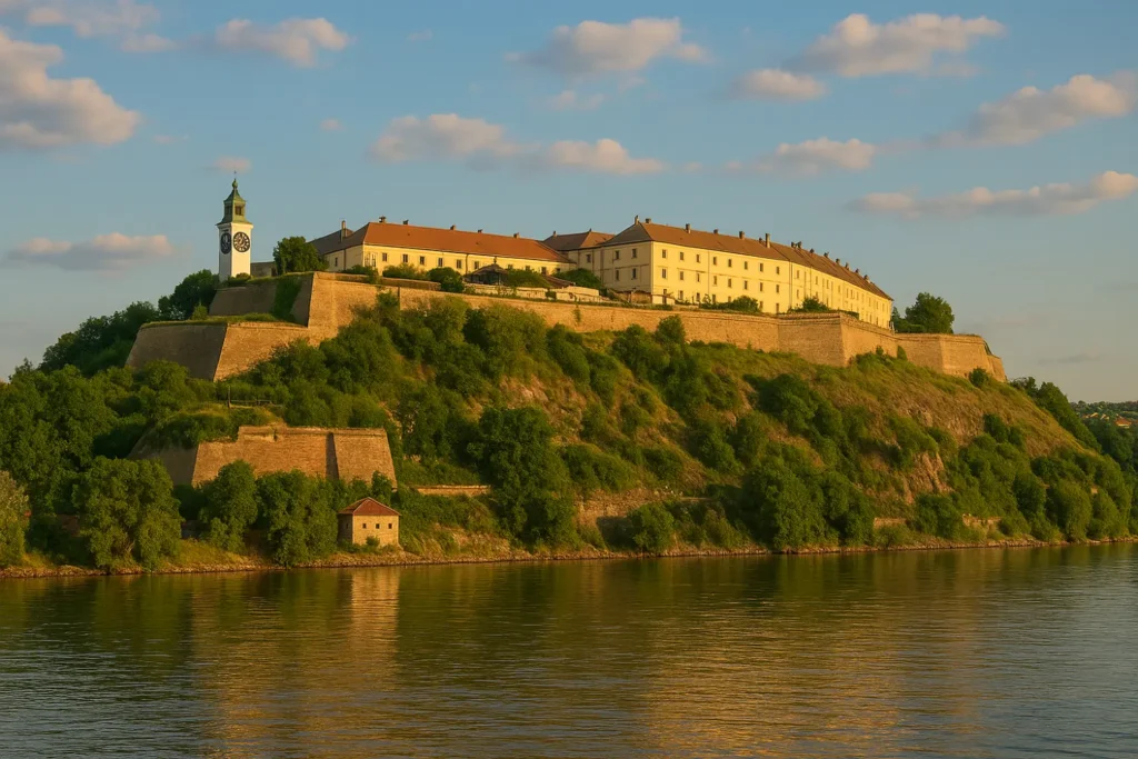 Realistic sunset photo of Petrovaradin Fortress in Novi Sad, showing the clock tower, stone fortification walls, greenery, and the Danube River reflecting golden light - one of the best day trips from Belgrade