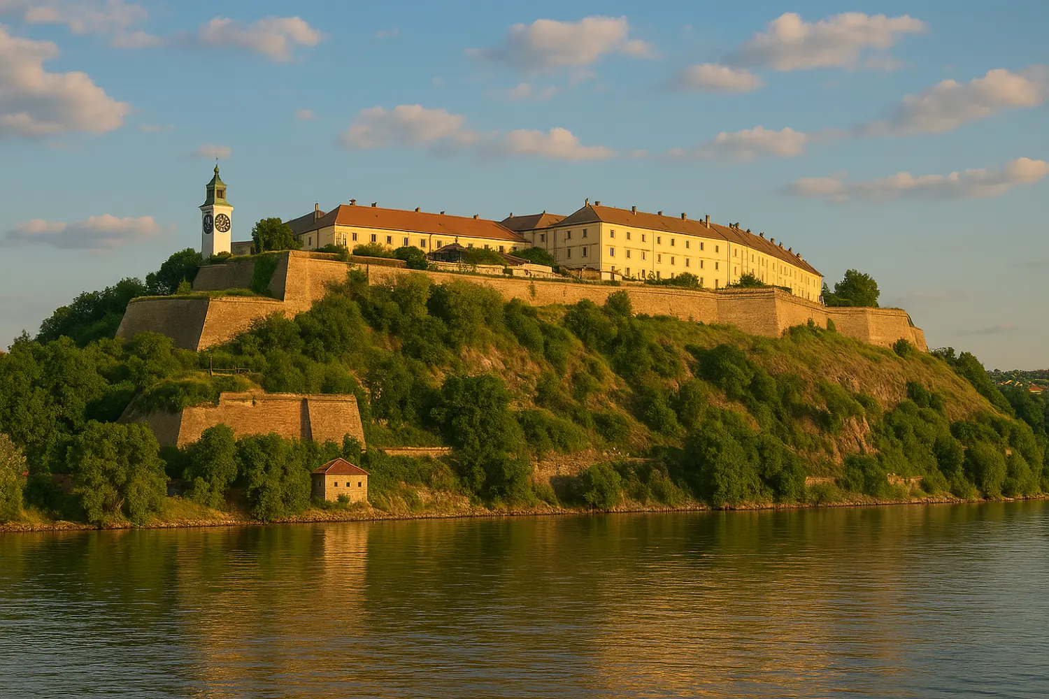 Realistic sunset photo of Petrovaradin Fortress in Novi Sad, showing the clock tower, stone fortification walls, greenery, and the Danube River reflecting golden light - one of the best day trips from Belgrade