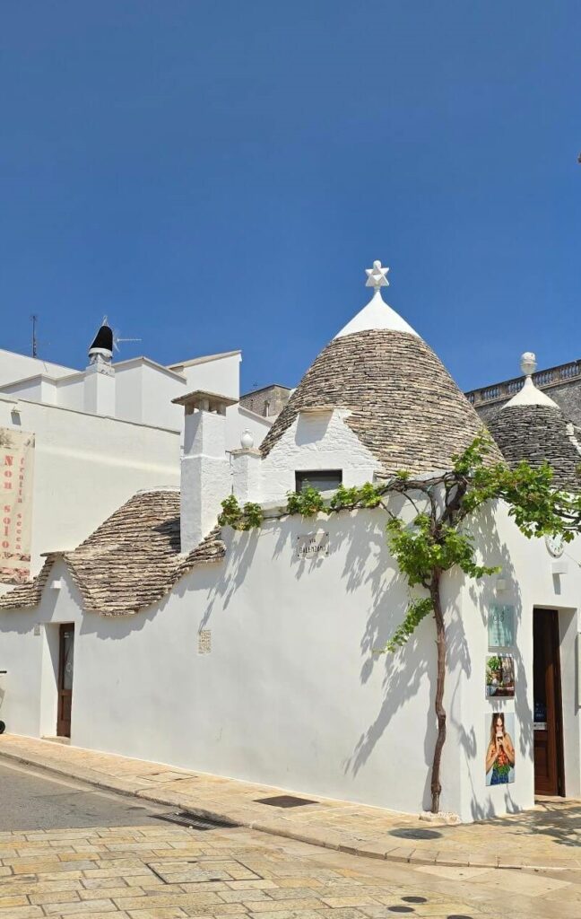 Alberobello guide to the streets, featuring a detailed trulli house with a cone roof and vines.