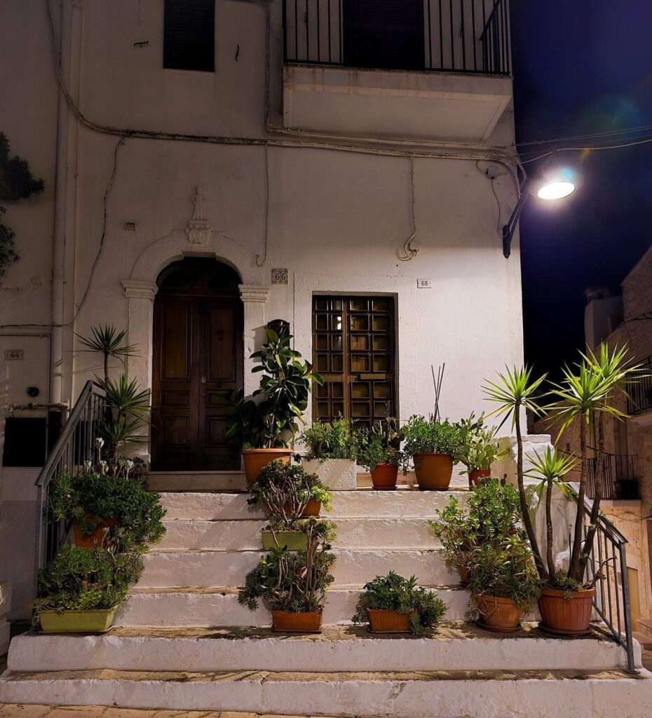 A white-walled staircase leading to a doorway in Ostuni, Puglia, decorated with a variety of potted plants and illuminated by a street lamp at night.