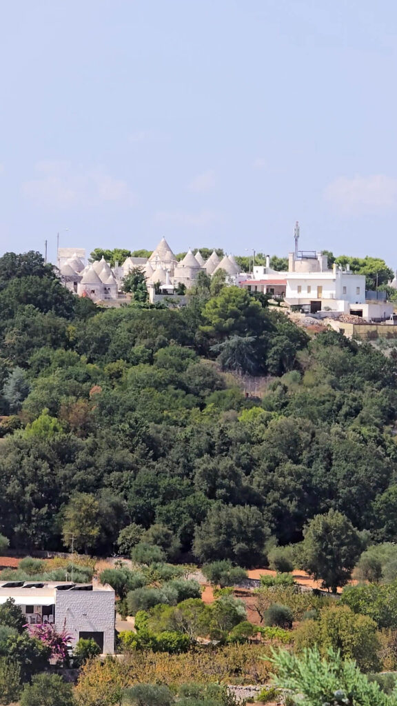 A view from Locorotondo to Alberobello, showing the Itria Valley with a distant cluster of trulli houses on a hill.