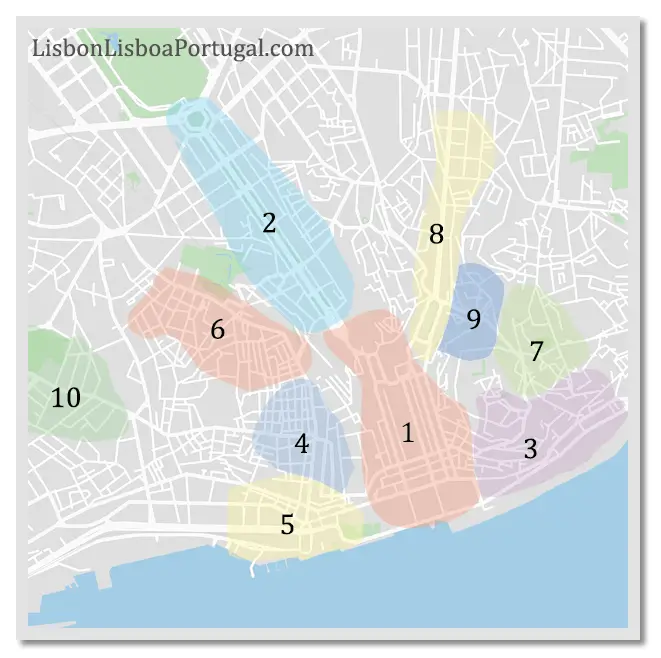 Map of Lisbon neighborhoods showing Baixa, Alfama, Bairro Alto, Chiado, Cais do Sodré, Príncipe Real, Graça, Martim Moniz, Mouraria, and Estrela districts.