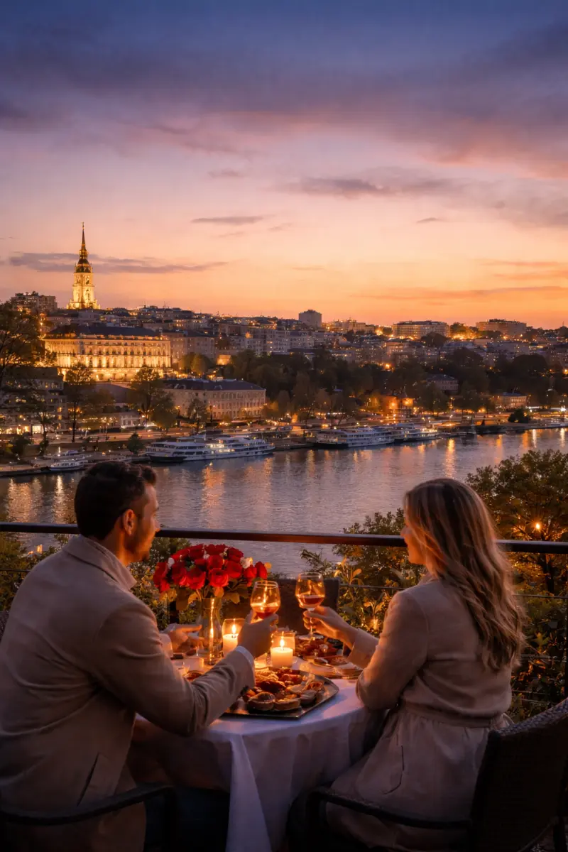 Romantic couple enjoying Valentine’s Day in Belgrade with sunset view over the Danube and city skyline